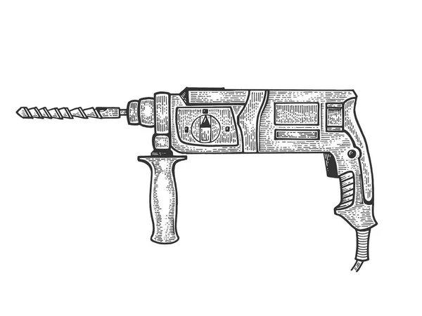 Bohrhammer Elektrowerkzeug Skizze Gravur Vektor Illustration. Scratch-Board-Imitat. Handgezeichnetes Bild. — Stockvektor