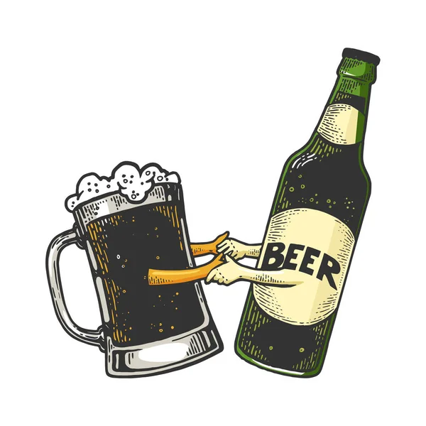 Bier mok Cup in dans met fles kleur schets gravure vector illustratie. Imitatie van Scratch board stijl. Zwart-wit hand getekende afbeelding. — Stockvector
