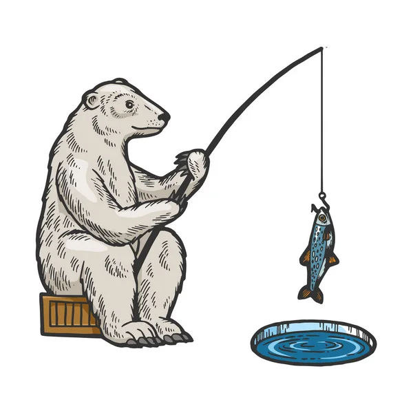 Jegesmedve halászat Horgászbottal a lyuk a jég színes vázlat gravírozás vektor illusztráció. Scratch Board stílus utánzat. Kézzel rajzolt kép. — Stock Vector