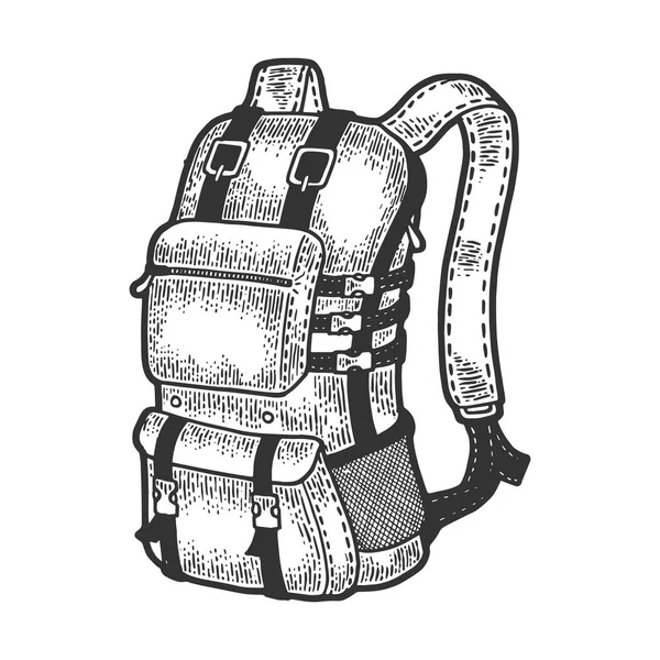 Mochila turística esboço gravura vetor ilustração. Imitação de estilo Scratch board. Imagem desenhada à mão preto e branco . —  Vetores de Stock