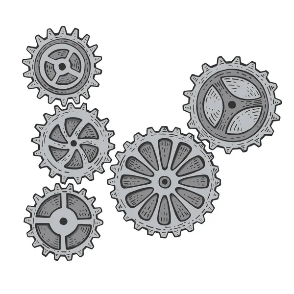 齿轮机构颜色草图雕刻矢量插图。刮板式仿制。手绘图像. — 图库矢量图片