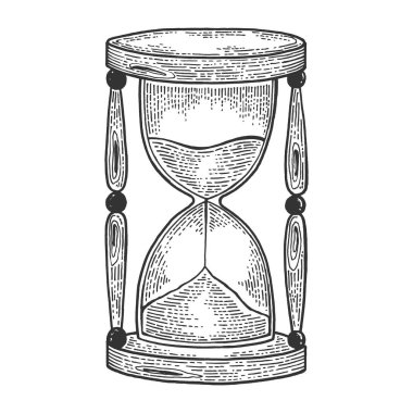 Kum izlemek cam kroki gravür vektör illüstrasyon. Scratch tahta tarzı taklit. Siyah beyaz elle çizilmiş görüntü.