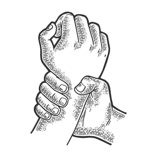 Ruka zachycuje druhou rukou nákres ryté vektorové ilustrace. Napodobení stylu pomocné desky. Obrázek nakreslený Černobíle-bílá ruka. — Stockový vektor