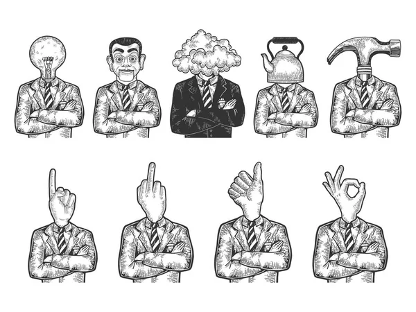 Nesneler, işadamının çizimi gravür vektör illüstrasyonuna kafa yorrular. Scratch tahta tarzı taklit. Siyah beyaz elle çizilmiş görüntü.