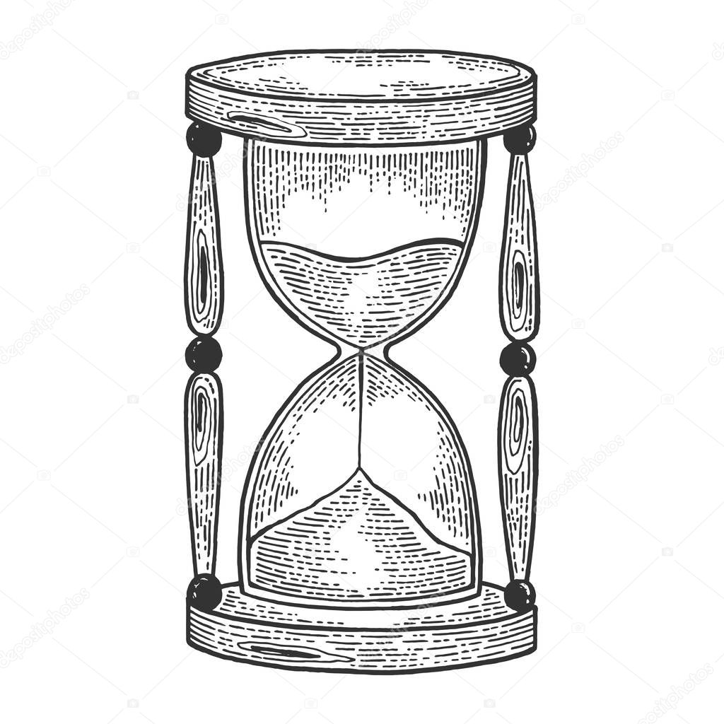 Sand watch glass sketch engraving vector illustration. Scratch board style imitation. Black and white hand drawn image.