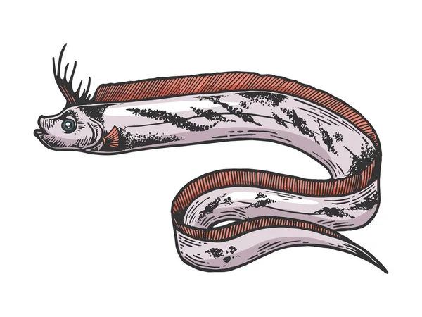 Oarfish géant poisson croquis couleur animale gravure vectorielle illustration. Imitation de style scratch board. Image dessinée à la main noir et blanc . — Image vectorielle