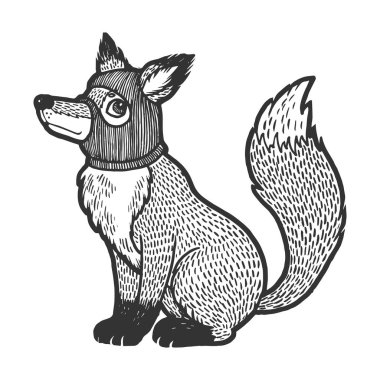 Şapka balaclava çizim oyma vektör illüstrasyon Fox. Scratch tahta tarzı taklit. Siyah beyaz elle çizilmiş görüntü.