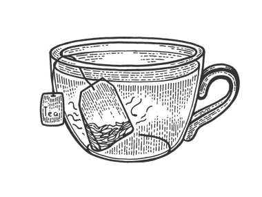 Çay poşeti çizim gravür vektör illüstrasyon ile çay fincan. Scratch tahta tarzı taklit. Siyah beyaz elle çizilmiş görüntü.