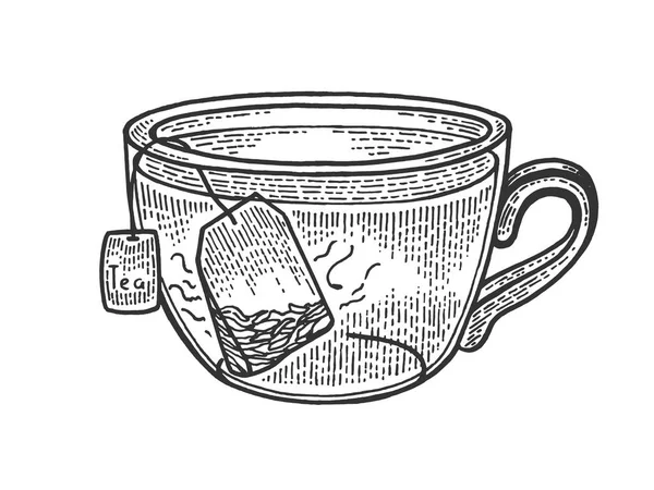 Tasse Tee mit Teebeutel Skizze Gravur Vektorillustration. Scratch-Board-Imitat. Handgezeichnetes Schwarz-Weiß-Bild. — Stockvektor