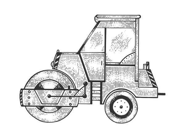 Yol rulo traktör makine kroki gravür vektör illüstrasyon. Scratch tahta tarzı taklit. Siyah beyaz elle çizilmiş görüntü. — Stok Vektör