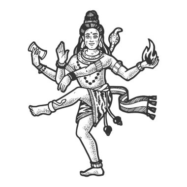 Shiva Mahadeva Hinduizm hint tanrısı çizim gravür vektör illüstrasyon. Scratch tahta tarzı taklit. Siyah beyaz elle çizilmiş görüntü.