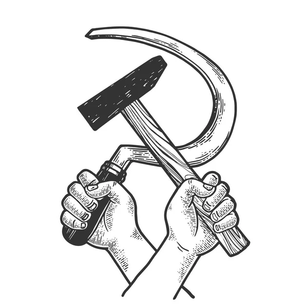 Hand med hammare och skäran skiss gravering vektor illustration. Sovjetunionens proletära Solidaritets symbol. Scratch Board stil imitation. Svart och vit handritad bild. — Stock vektor