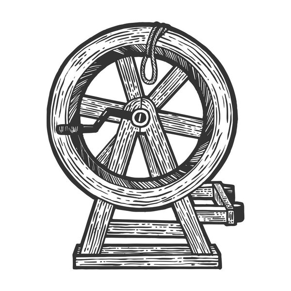 Breaking wheel medieval torture device sketch engraving vector illustration. Scratch board style imitation. Hand drawn image.