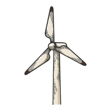Rüzgar türbini enerji santrali Yenilenebilir enerji endüstriyel teknoloji renk kroki gravür vektör illüstrasyon. Scratch tahta tarzı taklit. Elle çizilmiş görüntü.