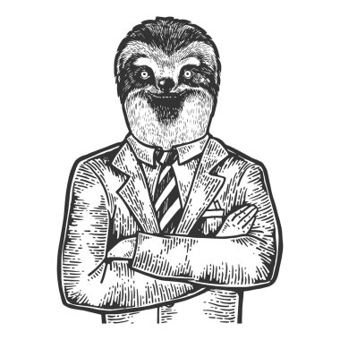 Tembel baş işadamı çizim gravür vektör illüstrasyon. Scratch tahta tarzı taklit. Siyah beyaz elle çizilmiş görüntü.