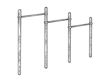 Yatay çubuk spor ekipmanları kroki gravür vektör illüstrasyon. Scratch tahta tarzı taklit. Siyah beyaz elle çizilmiş görüntü.