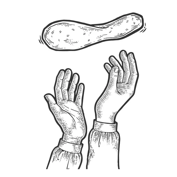 Pizza deeg vliegen en pizzaiolo handen schets gravure vector illustratie. Pizza koken metafoor. Imitatie van Scratch board stijl. Hand getekende afbeelding. — Stockvector