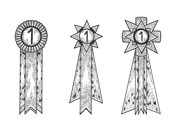 Premio trofeo recompensa premio insignia boceto grabado vector ilustración. Scratch board estilo imitación. Imagen dibujada a mano en blanco y negro . — Vector de stock