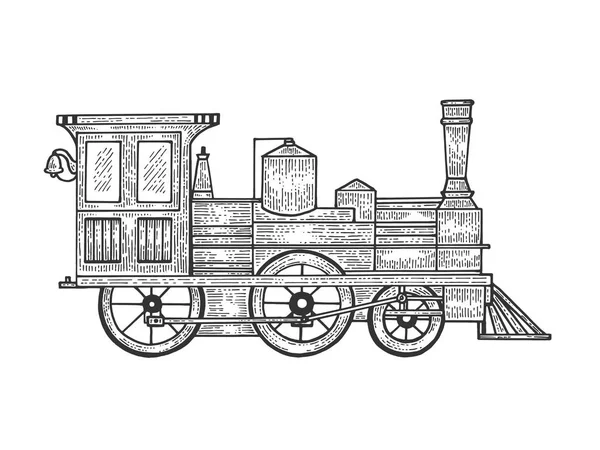 Vieja locomotora de vapor tren transporte boceto línea arte grabado vector ilustración. Scratch board estilo imitación. Imagen dibujada a mano en blanco y negro . — Vector de stock