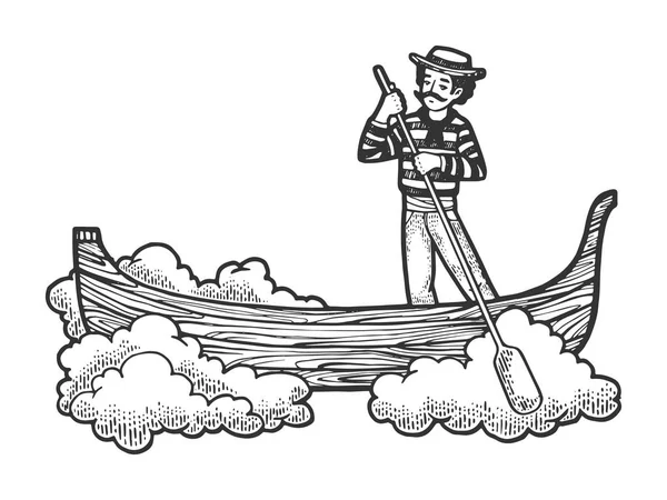 Fabulos zburător gondola barca schiță gravura ilustrație vectorială. Design de îmbrăcăminte tricou. Scratch bord stil imitație. Imagine desenată manual . — Vector de stoc