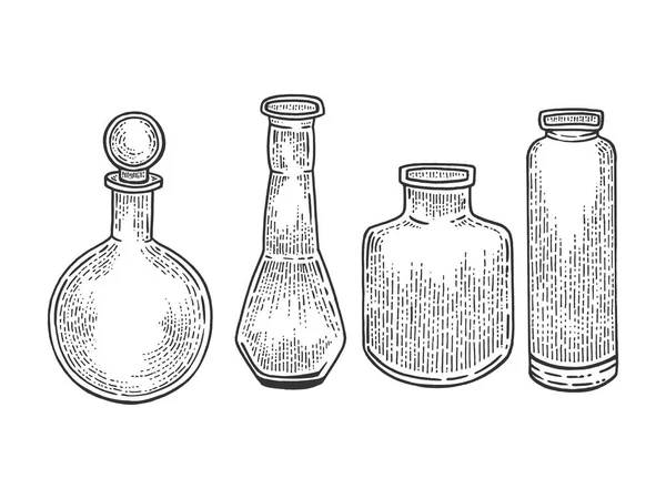 Kimyasal laboratuvar şişeleri çizim gravür vektör illüstrasyon. Scratch tahta tarzı taklit. Siyah beyaz elle çizilmiş görüntü. — Stok Vektör