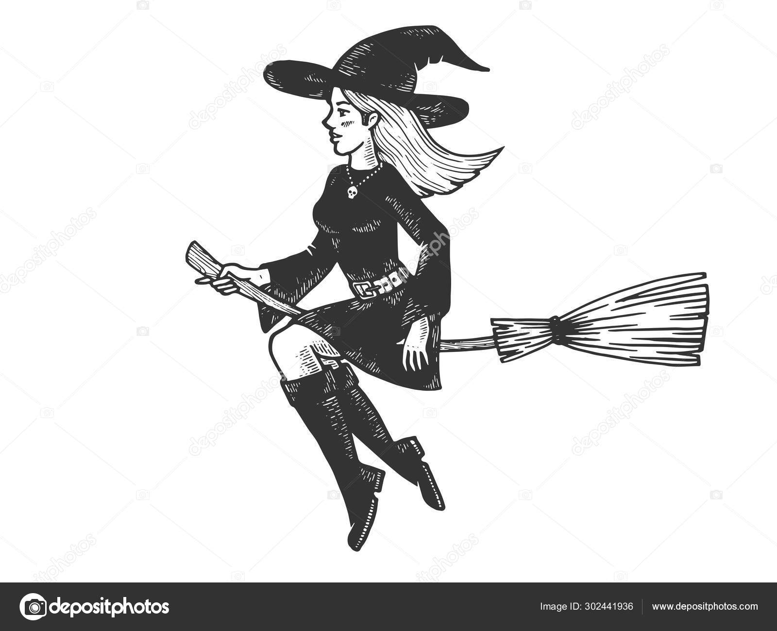 Young Beautiful Witch Girl Flying On Broomstick Sketch Engraving Vector Illustration Tee Shirt Apparel Print Design Scratch Board Style Imitation Hand Drawn Image Stock Vector Image By C Alexanderpokusay 302441936