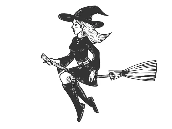 Young beautiful witch girl flying on broomstick sketch engraving vector illustration. Tee shirt apparel print design. Scratch board style imitation. Hand drawn image. — Stock Vector