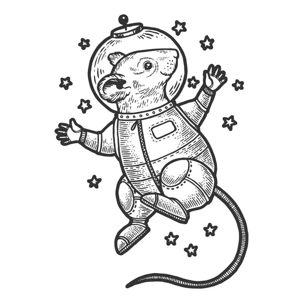 Mus astronaut Spaceman i rymden skiss gravyr vektor illustration. Tee shirt kläder Print design. Scratch Board stil imitation. Svart och vit handritad bild. — Stock vektor