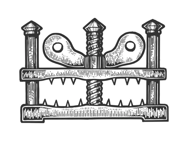 Пристрій середньовічних тортур ескіз гравіювання Векторні ілюстрації. Трійник сорочки дизайн одягу друку. Імітація стилю подряпини дошки. Мальоване зображення вручну . — стоковий вектор