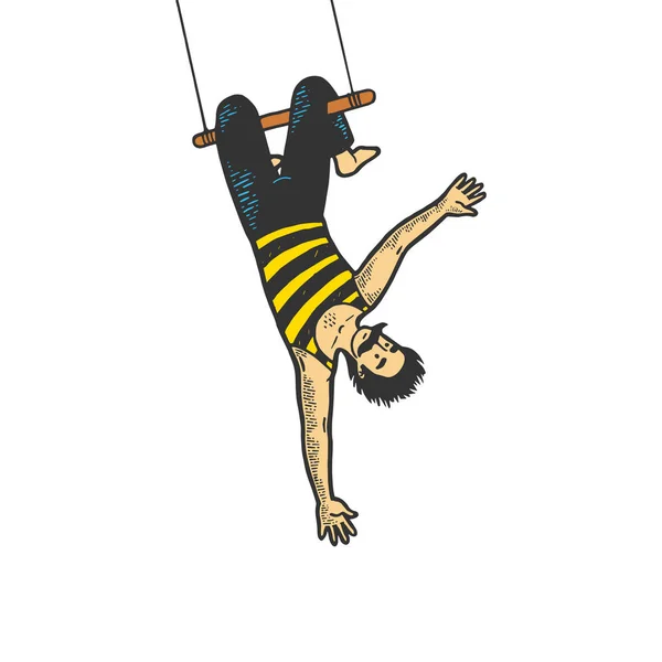 Circo acrobata appeso a trapezio performance colore schizzo linea arte incisione vettoriale illustrazione. T-shirt abbigliamento design di stampa. Imitazione in stile gratta e vinci. Immagine disegnata a mano in bianco e nero . — Vettoriale Stock