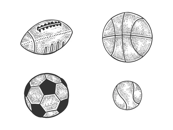Sport labdák foci foci tenisz kosárlabda meg vázlatos gravírozás vektoros illusztráció. Póló ruházati nyomtatási terv. Scratch Board stílus utánzat. Kézzel rajzolt kép fekete-fehér. — Stock Vector