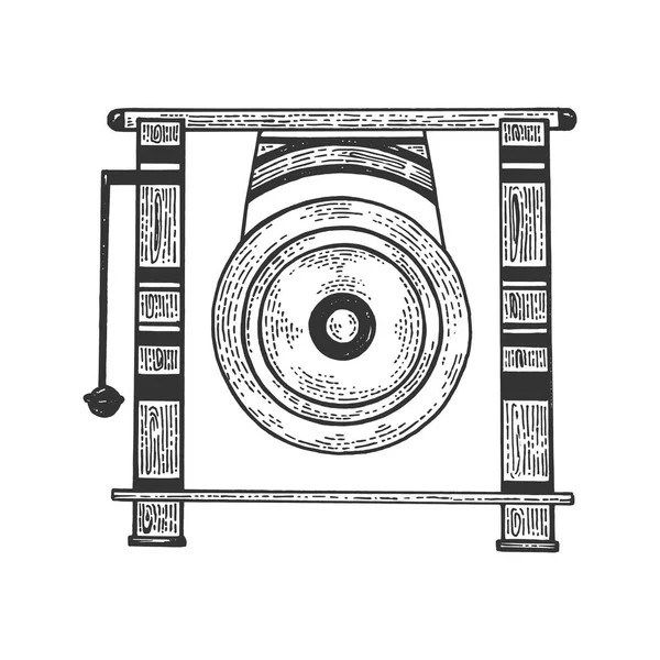 Γκονγκ μουσικό κρουστικό όργανο κυκλικό μεταλλικό δίσκο σκετς Χαρακτική απεικόνιση διάνυσμα. Σχέδιο εκτύπωσης ένδυσης μπλουζάκι. Απομίμηση τύπου ξυστό. Μαύρη και λευκή εικόνα που τράβηξε το χέρι. — Διανυσματικό Αρχείο