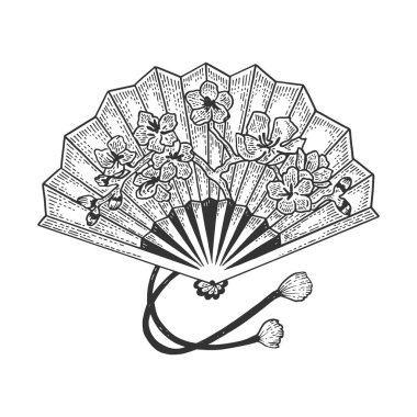 Japon el fan çizim ikeci vektör illüstrasyon. Tee gömlek giyim baskı tasarımı. Scratch tahta tarzı taklit. Elle çizilmiş görüntü.