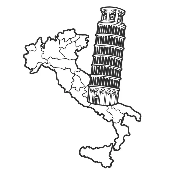 Italien-Karte und schiefer Turm von Pisa Skizze Vektor Illustration. Nationalsymbol. T-Shirt Bekleidungsdruck Design. Scratch-Board-Imitat. Handgezeichnetes Schwarz-Weiß-Bild. — Stockvektor