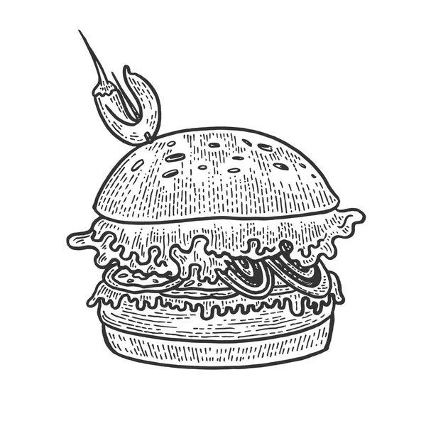 Hamburger Burger sendvičový nákres s rytou vektorovou ilustrací. Napodobení stylu pomocné desky. Obrázek nakreslený Černobíle-bílá ruka. — Stockový vektor