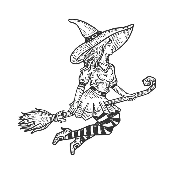 年轻美丽的女巫女孩飞在扫把素描雕刻矢量插图。T恤服装印花设计。刮板式仿制。手绘图像. — 图库矢量图片
