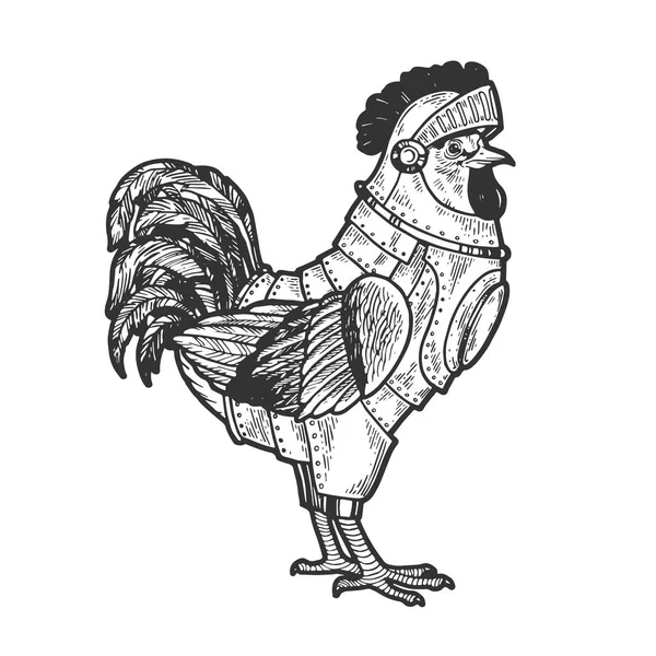 Rooster kakas madár lovag páncél vázlat gravírozás vektor illusztráció. Póló ruházati nyomtatási terv. Scratch Board stílus utánzat. Kézzel rajzolt kép fekete-fehér. — Stock Vector