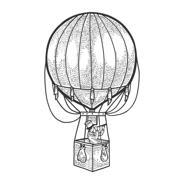 Gentleman se dívá do dalekohledu v koši s vzduchovou balonem. Ročník aerostatat Transport načrtnout vektorovou ilustraci. Návrh tisku oděvů na trička. Imitace stylu na odkládací desce. — Stockový vektor