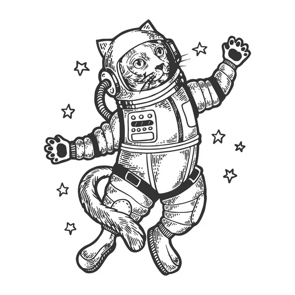 Chat astronaute astronaute dans l'espace croquis gravure vectorielle illustration. Tee shirt habillement imprimé design. Imitation de style scratch board. Image dessinée à la main noir et blanc . — Image vectorielle