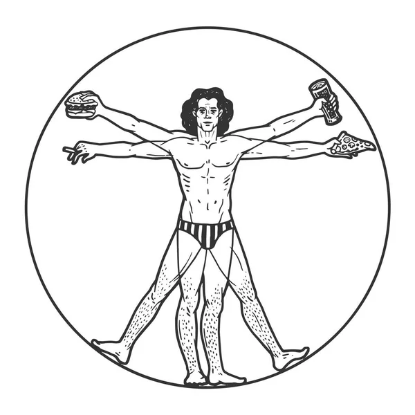 Festa clube Vitruvian Man com pizza de cerveja e charuto esboço gravura vetor ilustração. T-shirt vestuário impressão design. Imitação de estilo Scratch board. Imagem desenhada à mão preto e branco . — Vetor de Stock