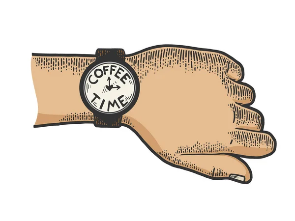 Mano con reloj de pulsera café tiempo color boceto grabado vector ilustración. Camiseta ropa diseño de impresión. Scratch board estilo imitación. Imagen dibujada a mano en blanco y negro . — Archivo Imágenes Vectoriales