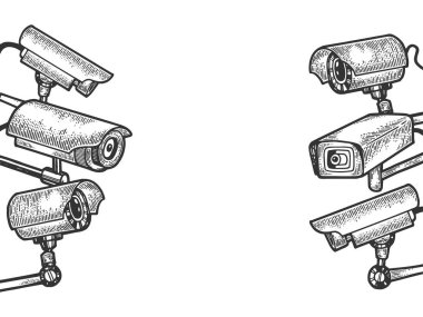 Videcam gözetim cctv kameralar kroki gravür vektör illüstrasyon ayarlayın. Tee gömlek giyim baskı tasarımı. Scratch tahta tarzı taklit. Elle çizilmiş görüntü.