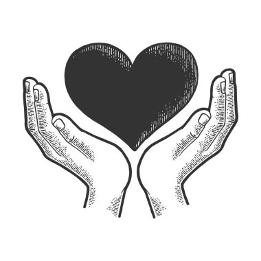 Eller ve kalp sembolü Kan bağışı kroki gravür vektör illüstrasyon. Tee gömlek giyim baskı tasarımı. Scratch tahta tarzı taklit. Siyah beyaz elle çizilmiş görüntü.