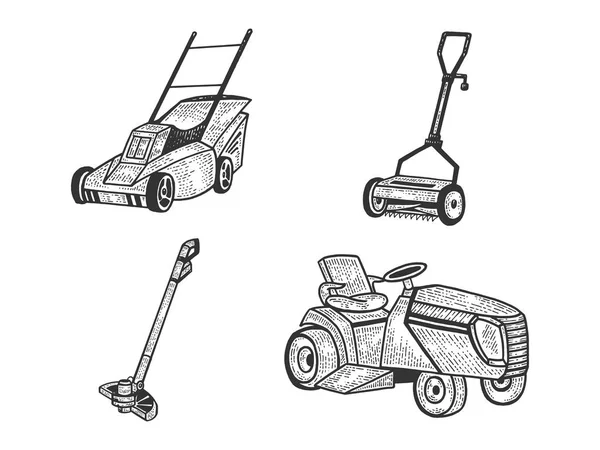 Lawn mower grass cutter set sketch engraving vector illustration. Scratch board style imitation. Black and white hand drawn image. — Stock Vector