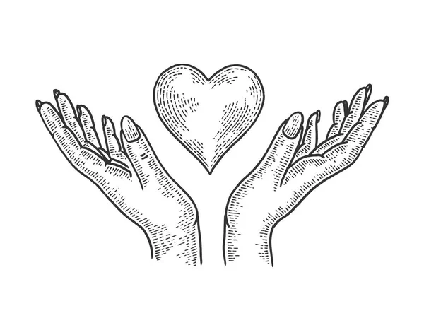 Символ руки и сердца Кровь донорской эскиз гравировки векторной иллюстрации. Дизайн рубашки с принтом. Имитация в стиле Scratch board. Черно-белое изображение . — стоковый вектор