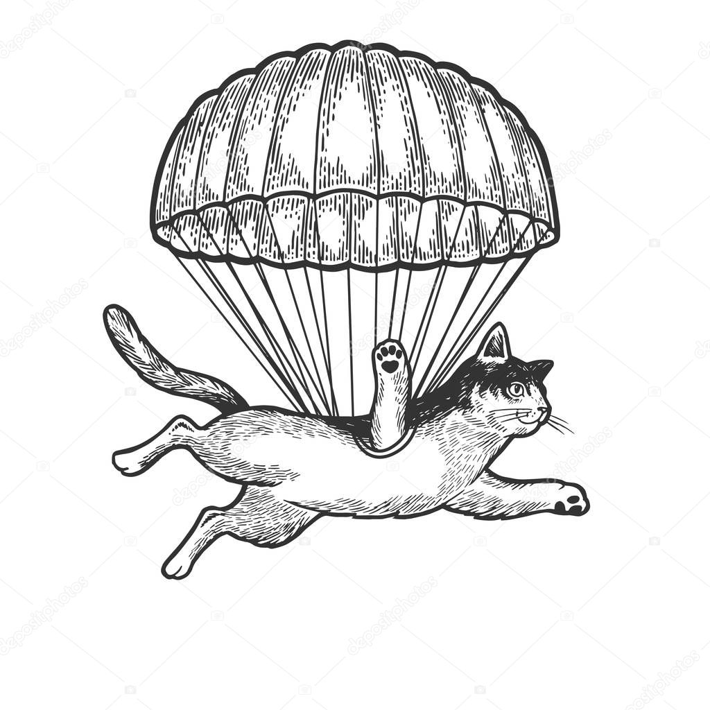 Cat animal flies with parachute as paratrooper sketch engraving vector illustration. Tee shirt apparel print design. Scratch board style imitation. Black and white hand drawn image.
