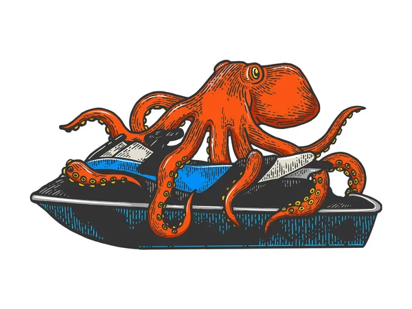 Octopus em bicicleta de água jetski esboço gravura vetor ilustração. T-shirt vestuário impressão design. Imitação de estilo Scratch board. Imagem desenhada à mão preto e branco . — Vetor de Stock