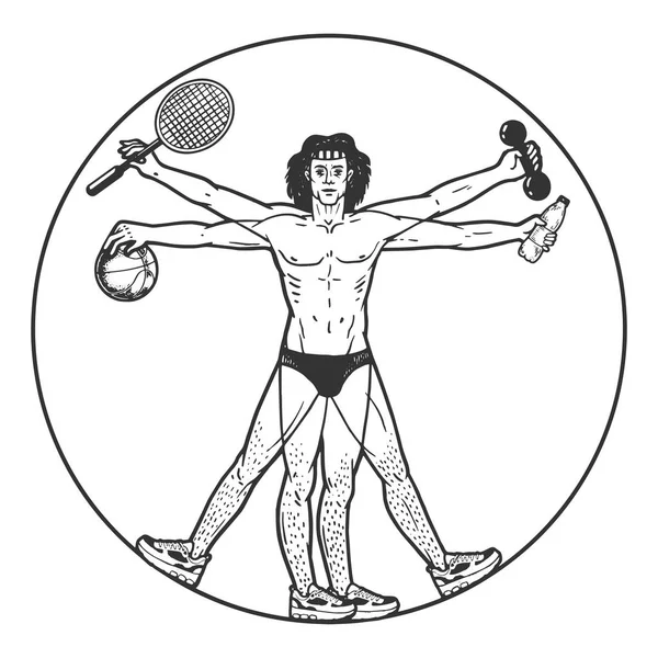 Atleet vitruvian man met sportartikelen schets gravure vector illustratie. Tee shirt kleding afdrukken ontwerp. Imitatie van Scratch board stijl. Zwart-wit hand getekende afbeelding. — Stockvector