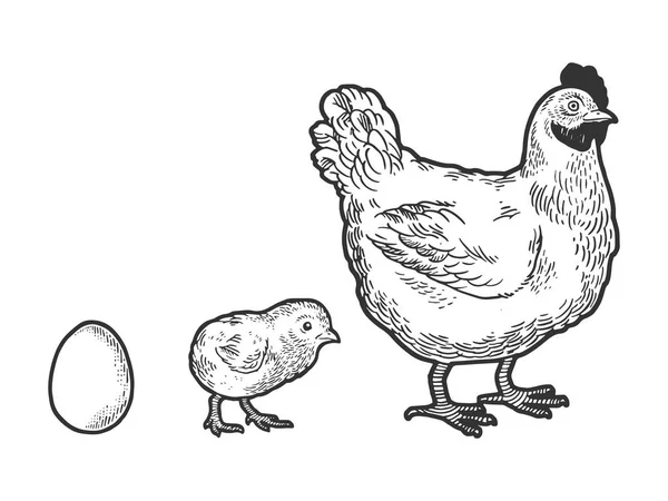 Яйцо курицы и куриный эскиз гравировка векторной иллюстрации. Дизайн рубашки с принтом. Имитация в стиле Scratch board. Черно-белое изображение . — стоковый вектор