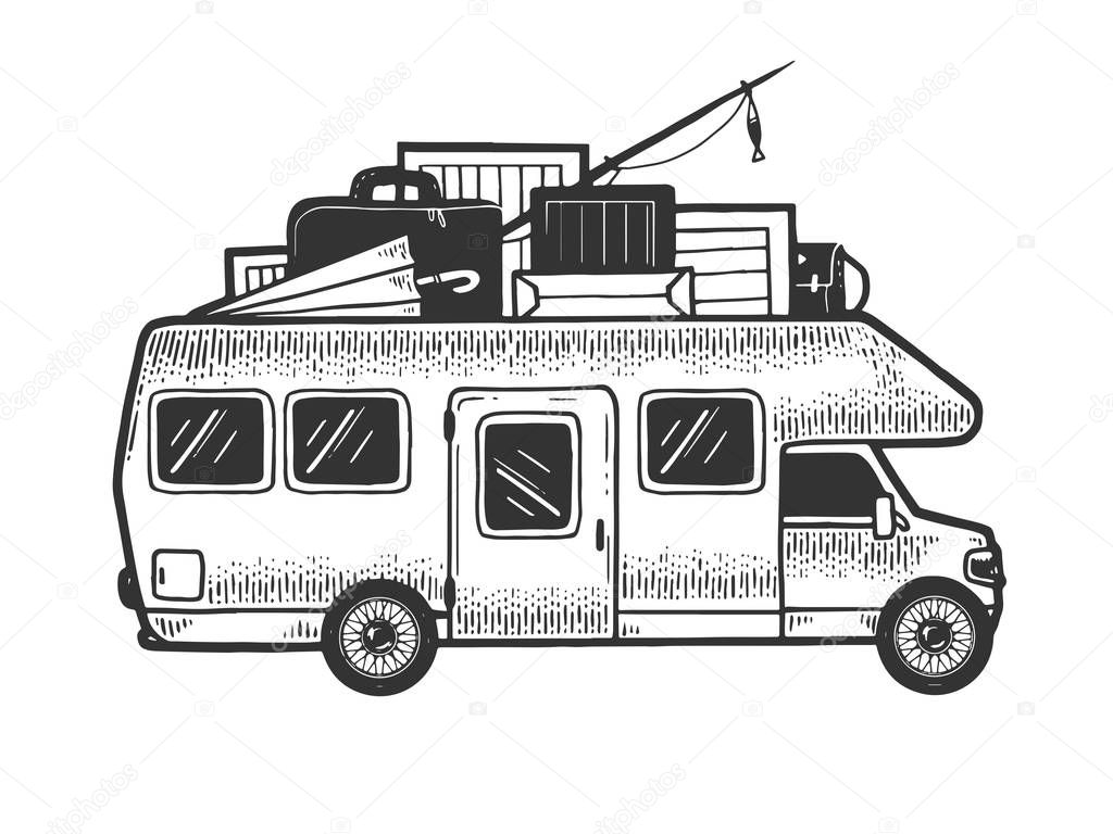 Camper van vehicle trailer sketch engraving vector illustration. Tee shirt apparel print design. Scratch board style imitation. Black and white hand drawn image.